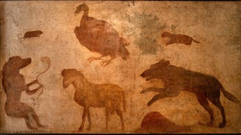 Fresque Divinités du Nil, le babouin, le serpent, le bélier, le vautour, la taupe, la mangouste et le chien ou chacal, Pompei, Temple d'Isis, Sacrarium, Musée Archéologique de Naples
