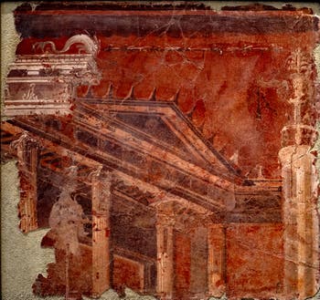 Fresque Édifice avec un tympanum, Herculanum, Augusteum, Musée Archéologique de Naples