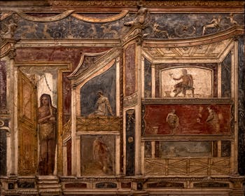 Fresque Femmes à la porte et au balcon, Pompéi, Casa di Meleagro, Musée Archéologique de Naples