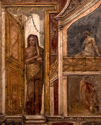 Fresque Femmes à la porte et au balcon, Pompéi, Casa di Meleagro, Musée Archéologique de Naples