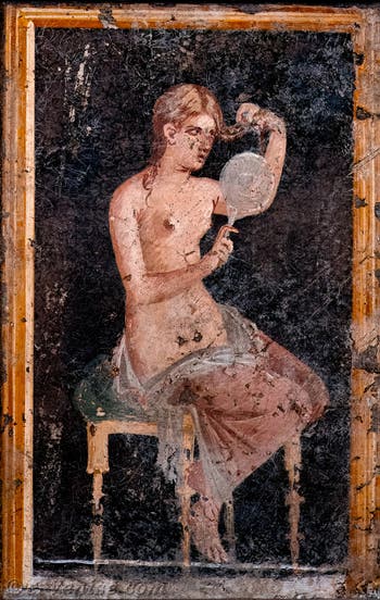 Fresque Jeune fille au miroir se coiffant, Stabiae, Villa di Arianna, Musée Archéologique de Naples