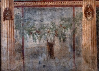 Fresque Masques tragiques et colonnes, Pompéi, Casa degli Scienziati, Musée Archéologique de Naples