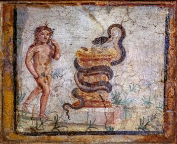 Fresque Harpocrate et le serpent, Herculanum, Casa del Colonnato Tuscanico, Musée Archéologique de Naples