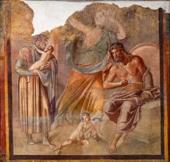 Fresque Hercule enfant étrangle des serptents, Herculanum, Musée Archéologique de Naples