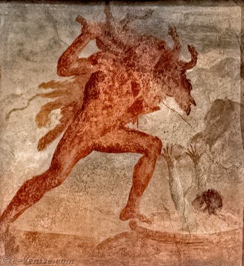 Fresque Hercule apporte le sanglier d'Érymanthe à Eurysthée qui se trouve dans un pot, Herculanum, Augusteum, Musée Archéologique de Naples