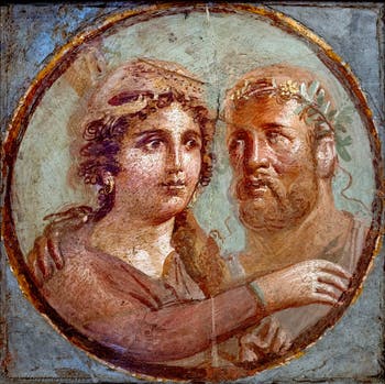 Fresque Hercule et Omphale avec la peau de lion sur sa tête, Area Vesuviana, Musée Archéologique de Naples