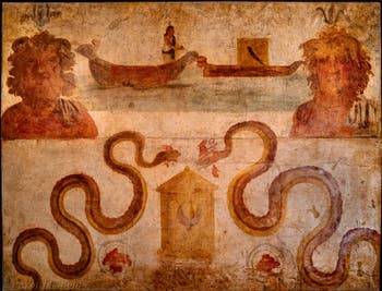 Fresque Isis tire la barque du corps d'Osiris, Pompéi, Tempio di Iside, Musée Archéologique de Naples