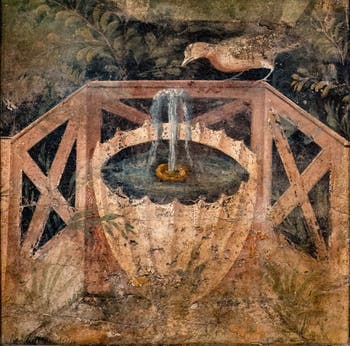 Fresque Fontaine dans un jardin avec un oiseau, Pompei, Musée Archéologique de Naples