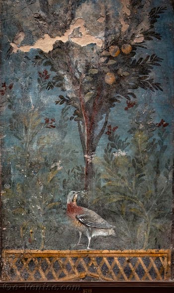 Fresque Jardin, grenadier et oiseaux, Herculanum, Musée Archéologique de Naples