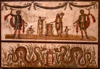 Fresque Dieux Lares et serpents, Pompéi, Musée Archéologique de Naples