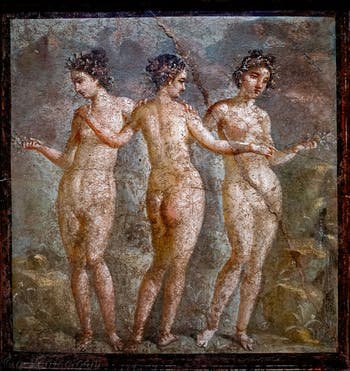 Fresque, Les Trois Grâces, les Charites Aglaé, Euphrosyne et Thalie, Pompéi, Casa di Titus Dentatius Panthera, Musée Archéologique de Naples