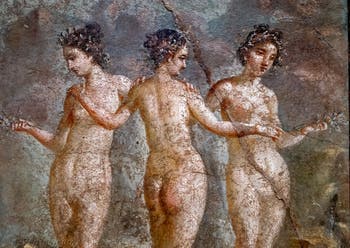 Fresque, Les Trois Grâces, les Charites Aglaé, Euphrosyne et Thalie, Pompéi, Casa di Titus Dentatius Panthera, Musée Archéologique de Naples