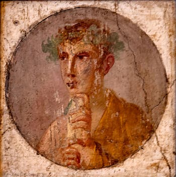 Fresque Jeune poète avec un rouleau de papyrus, Pompéi, Insula Occidentialis VI, Musée Archéologique de Naples