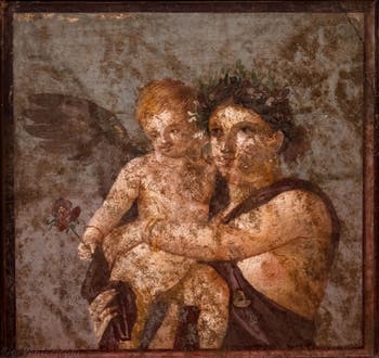 Fresque Ménade avec un cupidon, Pompéi, Casa Cecilius Lucundus, Musée Archéologique de Naples
