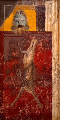 Fresque Masque de Satyre et lièvre, Pompéi, insula Occidentalis, Musée Archéologique de Naples