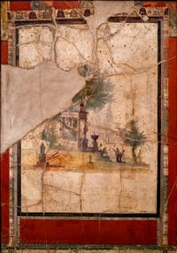 Fresque Paysage avec des édifices sacrés, Boscoreale, Villa di Agrippa Postumo ambiente, Musée Archéologique de Naples