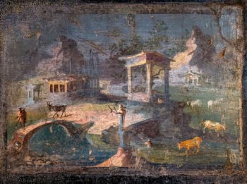 Fresque Paysage champêtre et sacré, Pompéi, Musée Archéologique de Naples