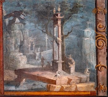Fresque Porte sacrée, temples et ibis, Pompéi, Temple d'Isis, Musée Archéologique de Naples