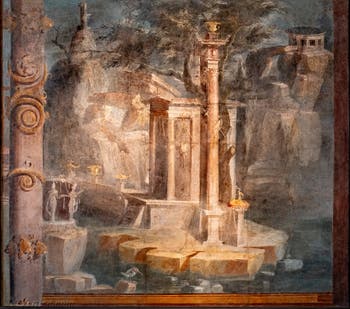 Fresque Porte sacrée, temple et martin-pêcheur, Pompéi, Temple d'Isis, Musée Archéologique de Naples