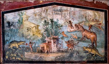 Fresque Scène nilotique avec des pygmées, Pompei, Casa del Medico, Musée Archéologique de Naples