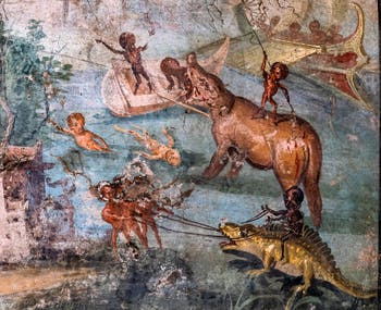 Fresque Scène nilotique avec des pygmées, Pompei, Casa del Medico, Musée Archéologique de Naples