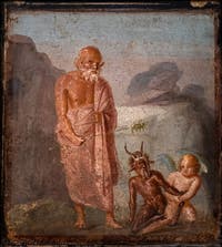 Fresque Silène, Éros et Pan, Pompéi, Casa di Meleagro, Musée Archéologique de Naples