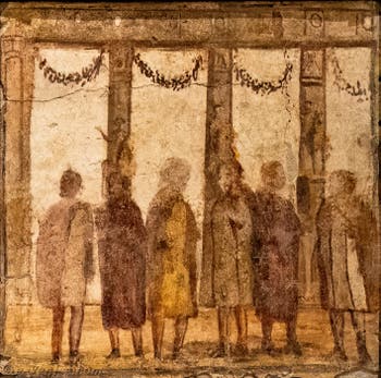Fresque Rencontre entre parfumeurs, Pompéi, Praedia di Giulia Felice, Musée Archéologique de Naples