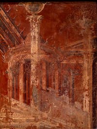 Fresque Temple circulaire sur fond rouge, Herculanum, Augusteum, Musée Archéologique de Naples