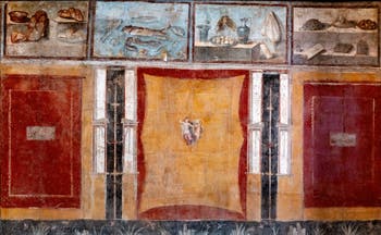 Fresque décorative et natures mortes, Pompéi, Praedia di Giulia Felice, Musée Archéologique de Naples