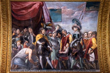 Portrait du Caravage, fresque de la salle du Grand Capitaine du Palais Royal de Naples par Battistello