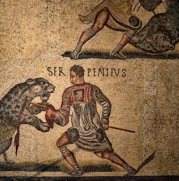Combats de Gladiateurs et félins, mosaïque, galerie Borghese à Rome en Italie