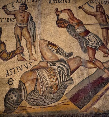 Combats de gladiateurs, mosaïque, galerie Borghese à Rome en Italie