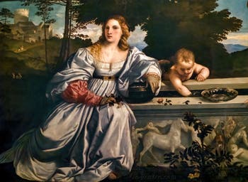 Titian, Sacred Love and Profane Love, detail of profane love, in the Borghese Gallery in Rome