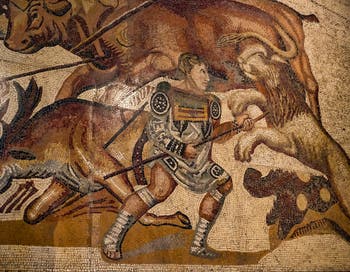 Combat de gladiateur contre des fauves, mosaïque, galerie Borghese à Rome en Italie