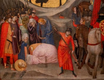 Giotto di Bondone, verso du Triptyque Stefaneschi, panneau droit, détail du panneau de la Décapitation de saint Paul, à la Pinacothèque du Musée du Vatican à Rome