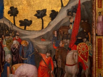 Giotto di Bondone, verso du Triptyque Stefaneschi, les couleurs de la décapitation de saint Paul, à la Pinacothèque du Musée du Vatican à Rome