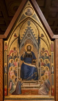 Giotto di Bondone, panneau central au verso du Triptyque Stefaneschi, le Christ Bénissant ou Christ en Majesté, à la Pinacothèque du Musée du Vatican à Rome