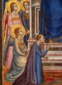 Giotto di Bondone, verso du Triptyque Stefaneschi, le cardinal Stefaneschi aux pieds du Christ, à la Pinacothèque du Musée du Vatican à Rome