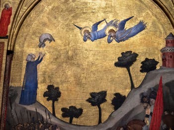 Giotto di Bondone, verso du Triptyque Stefaneschi, panneau droit, détail de la décapitation de saint Paul avec Plautille qui reçoit son voile de l'apôtre pendant son ascension, à la Pinacothèque du Musée du Vatican à Rome