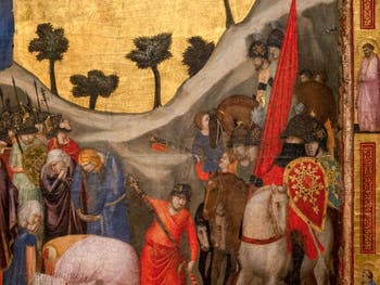 Giotto di Bondone, verso du Triptyque Stefaneschi, les couleurs de la décapitation de saint Paul, à la Pinacothèque du Musée du Vatican à Rome