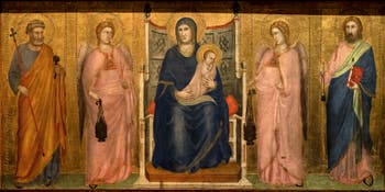 Giotto di Bondone, verso du Triptyque Stefaneschi, la predelle située sous le Christ avec la Vierge Marie et l'Enfant entre les anges, à la Pinacothèque du Musée du Vatican à Rome