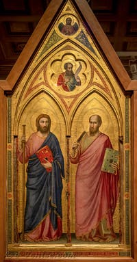 Giotto di Bondone, panneau gauche du recto du Triptyque Stefaneschi avec saint Jacques et saint Paul, à la Pinacothèque du Musée du Vatican à Rome