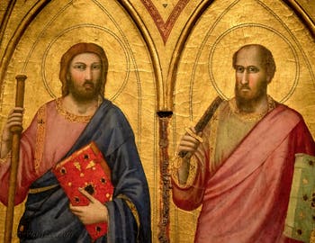 Giotto di Bondone, panneau gauche du recto du Triptyque Stefaneschi, détail de saint Jacques et saint Paul, à la Pinacothèque du Musée du Vatican à Rome