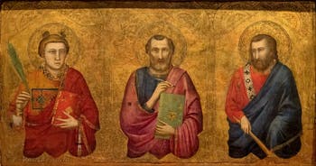 Giotto di Bondone, recto du Triptyque Stefaneschi, la predelle montrant saint Pierre, saint Étienne et saint Barthélemy, à la Pinacothèque du Musée du Vatican à Rome
