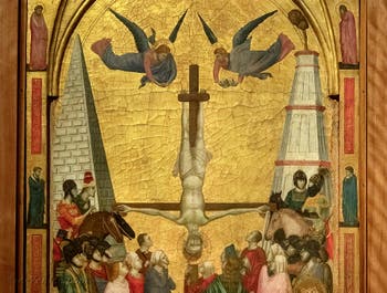 Giotto di Bondone, panneau gauche du Triptyque Stefaneschi, la crucifixion de saint Pierre, à la Pinacothèque du Musée du Vatican à Rome
