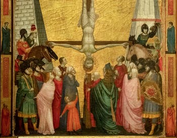 Giotto di Bondone, panneau gauche du Triptyque Stefaneschi, la crucifixion de saint Pierre, à la Pinacothèque du Musée du Vatican à Rome