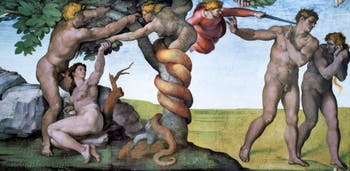 Adam et Éve, la tentation et la chute du Paradis terrestre à la Chapelle Sixtine par Michel-Ange au Vatican à Rome