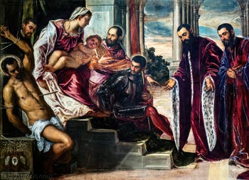Le Tintoret, La Madone des Trésoriers avec la Vierge et l'Enfant et les saints Sébastien, Marc, Théodore, trois camerlingues et leurs secrétaires, aux Galeries de l'Accademia à Venise en Italie