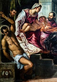 Le Tintoret, La Madone des Trésoriers avec la Vierge et l'Enfant et les saints Sébastien, Marc, Théodore, trois camerlingues et leurs secrétaires, aux Galeries de l'Accademia à Venise en Italie