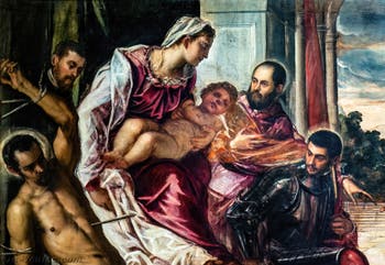 Le Tintoret, La Madone des Trésoriers avec la Vierge et l'Enfant et les saints Sébastien, Marc, Théodore, trois camerlingues et leurs secrétaires, aux Galeries de l'Accademia à Venise en Italie